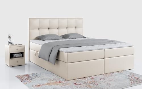 MKS MEBLE Boxspringbett 180x200 mit Bettkasten, Bett mit Multipocket - Matratze H3 Topper, Polsterbett 180x200 mit Bettkasten Kopfteil, Boxspringbett mit Matratze H3, RICO - Creme Kunstleder von MKS MEBLE