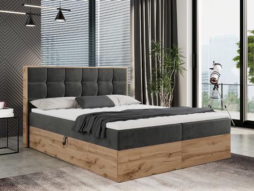 MKS MEBLE Boxspringbett 180x200 mit Bettkasten Eiche, Polsterbett 180x200 mit Matratze H4, Bett 180x200 mit Kopfteil, Bett mit Holzrahmen in Wotan Eiche - 180x200 - Dunkelgrau Velvet - Albero-1 von MKS MEBLE