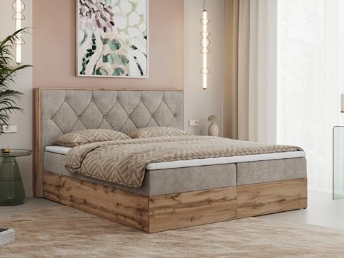 MKS MEBLE Boxspringbett 180x200 Mit Bettkasten Eiche, Polsterbett Mit Matratze H4, Bett Mit Kopfteil Und Holzrahmen in Wotan Eiche - Beige Struktur - Veneto von MKS MEBLE