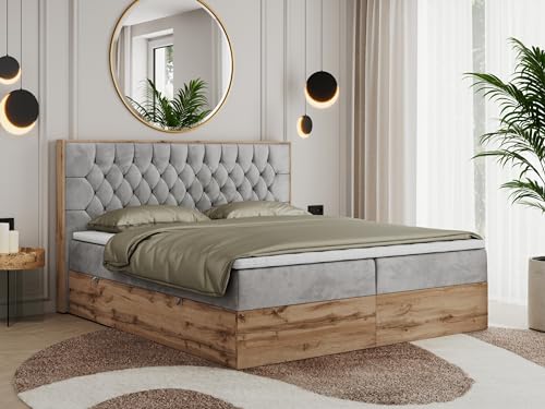 MKS MEBLE Boxspringbett 180x200 Mit Bettkasten Eiche, Polsterbett Mit Matratze H4, Bett Mit Kopfteil Und Holzrahmen in Wotan Eiche - Hellgrau Velvet - Amore MKS MEBLE Boxspringbett 180x200 Mit Bettkasten Eiche, Polsterbett Mit Matratze H4, Bett Mit Kopfteil Und Holzrahmen in Wotan Eiche - Hellgrau Velvet - Amore von MKS MEBLE