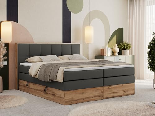 MKS MEBLE Boxspringbett 180x200 mit Bettkasten Holz Holzrahmen, Boxbett 180x200 mit Matratze H3 und Kopfteil - Dunkelgrau Kunstleder - Albero-1 King von MKS MEBLE