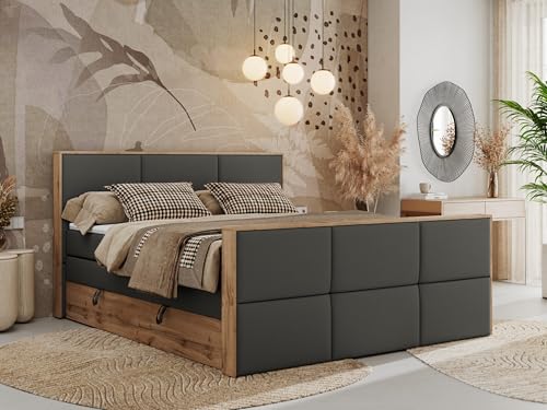 MKS MEBLE Boxspringbett 180x200 mit Bettkasten Holz Holzrahmen, Boxbett 180x200 mit Matratze H4 und Kopfteil - Dunkelgrau Kunstleder - Albero-2 King Duo von MKS MEBLE