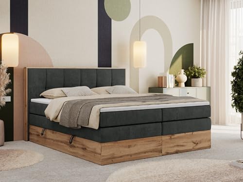 MKS MEBLE Boxspringbett 180x200 mit Bettkasten Holz Holzrahmen, Boxbett 180x200 mit Matratze H4 und Kopfteil - Dunkelgrau Strukture - Albero-1 King von MKS MEBLE