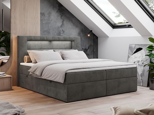 MKS MEBLE Boxspringbett 180x200 mit Led Grau Samt, Polsterbett Bett 180x200 mit LED Kopfteil, Multipocket Matratze H3, Doppelbett mit Bettkasten Stauraumbett - Gold-5 - Dunkelgrau Velvet MKS MEBLE Boxspringbett 180x200 mit Led Grau Samt, Polsterbett Bett 180x200 mit LED Kopfteil, Multipocket Matratze H3, Doppelbett mit Bettkasten Stauraumbett - Gold-5 - Dunkelgrau Velvet von MKS MEBLE