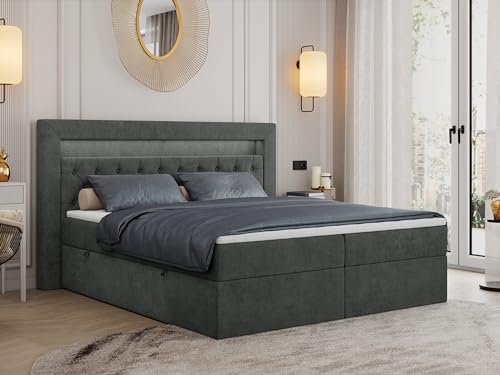 MKS MEBLE Boxspringbett 180x200 mit Led Grau, Bett 180x200 mit LED Kopfteil, Multipocket Matratze H3, Doppelbett mit Bettkasten Stauraumbett - Gold-6 - Dunkelgrau Struktur von MKS MEBLE