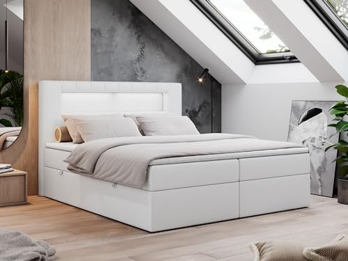 MKS MEBLE Boxspringbett 180x200 mit Led Weiß Kunstleder, Polsterbett Bett 180x200 mit LED Kopfteil, Multipocket Matratze H4, Doppelbett mit Bettkasten Stauraumbett - Gold-5 - Weiß Kunstleder von MKS MEBLE