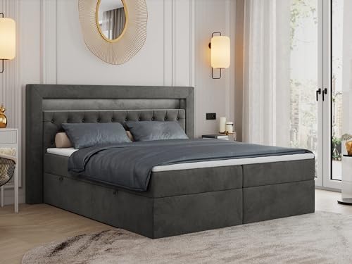 MKS MEBLE Boxspringbett 180x200 mit Led Grau Samt, Bett 180x200 mit LED Kopfteil, Multipocket Matratze H4, Doppelbett mit Bettkasten Stauraumbett - Gold-6 - Dunkelgrau Velvet von MKS MEBLE