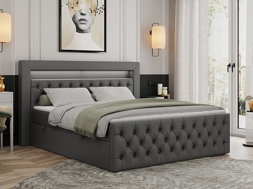 MKS MEBLE Boxspringbett 180x200 mit Led Grau Kunstleder, Bett Polsterbett 180x200 mit LED Kopfteil, Multipocket Matratze H4, Doppelbett mit Bettkasten Stauraumbett - Gold-9 - Dunkelgrau Kunstleder MKS MEBLE Boxspringbett 180x200 mit Led Grau Kunstleder, Bett Polsterbett 180x200 mit LED Kopfteil, Multipocket Matratze H4, Doppelbett mit Bettkasten Stauraumbett - Gold-9 - Dunkelgrau Kunstleder von MKS MEBLE