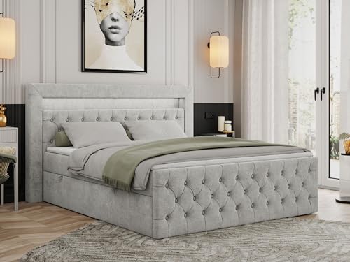 MKS MEBLE Boxspringbett 180x200 mit Led Grau, Bett Polsterbett 180x200 mit LED Kopfteil, Multipocket Matratze H4, Doppelbett mit Bettkasten Stauraumbett - Gold-9 - Hellgrau Struktur von MKS MEBLE