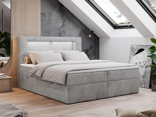 MKS MEBLE Boxspringbett 180x200 mit Led Grau Samt, Polsterbett Bett 180x200 mit LED Kopfteil, Multipocket Matratze H4, Doppelbett mit Bettkasten Stauraumbett - Gold-5 - Hellgrau Velvet MKS MEBLE Boxspringbett 180x200 mit Led Grau Samt, Polsterbett Bett 180x200 mit LED Kopfteil, Multipocket Matratze H4, Doppelbett mit Bettkasten Stauraumbett - Gold-5 - Hellgrau Velvet von MKS MEBLE