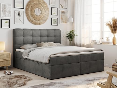 MKS MEBLE Boxspringbett 180x200 mit Matratze, Bett 180x200 mit Multipocket - Matratze H4 und Topper, Polsterbett 180x200 mit Bettkasten und Kopfteil, Fast - Gray Monolith von MKS MEBLE