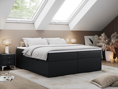 MKS MEBLE Boxspringbett 180x200 ohne Kopfteil mit Bettkasten, Bett 180x200 niedriges Kopfteil, Polsterbett 180x200 ohne Kopfteil - Bess - Schwarz Kunstleder - H4 von MKS MEBLE