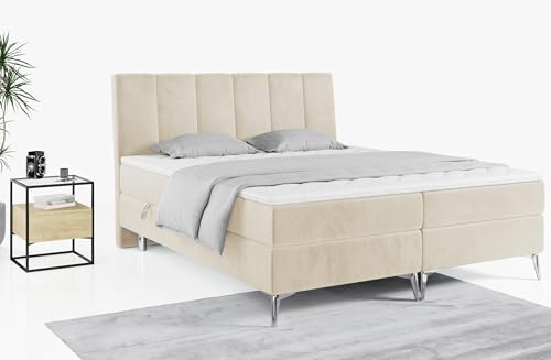 MKS MEBLE Boxspringbett 180x200 mit Bettkasten, Polsterbett 180x200 mit Matratze H3 und Topper, Bett 180x200 mit Kopfteil - ADELANO - Beige Velvet - H3 von MKS MEBLE