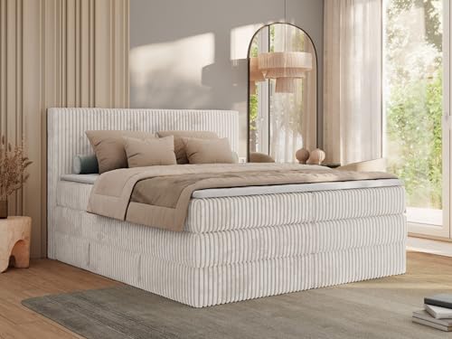 MKS MEBLE Boxspringbett 200x200 Beige Cord, Boxspringbett mit Matratze H4, Bett 200x200 mit Bettkasten and Kopfteil, Doppelbett mit Stauraum, Polsterbett 200x200 - Tiliano King von MKS MEBLE