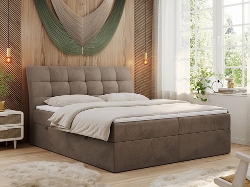 MKS MEBLE Boxspringbett 200x200 Braun Samt, Bett mit Multipocket Matratze H3 und Topper, Polsterbett 200x200 mit Bettkasten und Kopfteil, DIEGOS Braun Velvet von MKS MEBLE