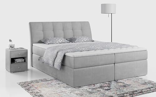 MKS MEBLE Boxspringbett 200x200 Grau Samt, Bett mit Multipocket Matratze H4 und Topper, Polsterbett 200x200 mit Bettkasten und Kopfteil, DIEGOS Hellgrau Velvet von MKS MEBLE