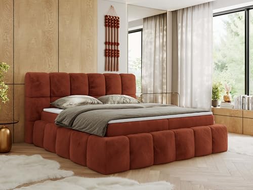 MKS MEBLE Boxspringbett 200x200 cm mit Bettkasten, Bett mit Matratze H4, Boxspringbett mit Topper - NIRA - Orange Plüsch - H4 von MKS MEBLE