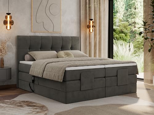 MKS MEBLE Boxspringbett 200x200 elektrisch verstellbar 7-Zonen Taschenfederkern Matratze mit TopperBett mit Motor Polsterbett Motorbett - Vittoria - Dunkelgrau Velvet - H3 von MKS MEBLE