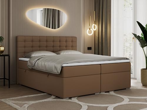 MKS MEBLE Boxspringbett Braun 200x200, Polsterbett 200x200 mit Bettkasten, Bett 200x200 mit Multipocket-Matratze H4, Boxspringbett 200x200 mit Kopfteil und Topper - H4 Braun Kunstleder - Susan von MKS MEBLE