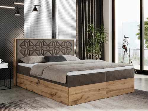MKS MEBLE Boxspringbett 200x200 mit Bettkasten, Polsterbett 200x200 mit Matratze H4, Boxspringbett 200x200 mit Kopfteil, Boxspringbett mit Massivholz - Nessi - Braun Velvet - H4 von MKS MEBLE