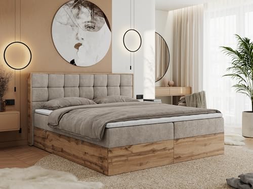 MKS MEBLE Boxspringbett 200x200 mit Bettkasten Holz Holzrahmen, Boxbett 200x200 mit Matratze H3 und Kopfteil - Beige Struktur - Albero-1 von MKS MEBLE