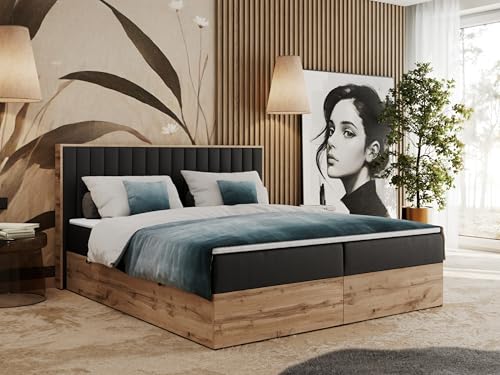 MKS MEBLE Boxspringbett 200x200 mit Bettkasten Holz Holzrahmen, Boxbett 200x200 mit Matratze H3 und Kopfteil - Schwarz Kunstleder - Albero-4 von MKS MEBLE