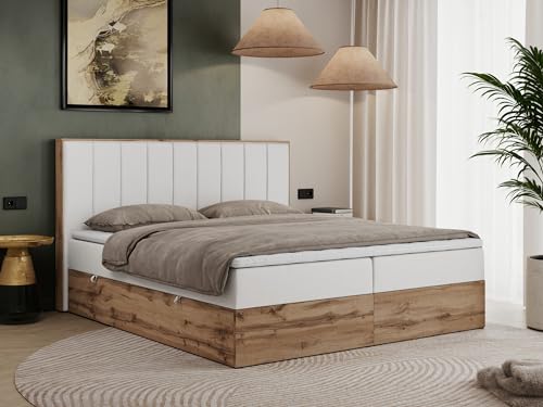 MKS MEBLE Boxspringbett 200x200 mit Bettkasten Eiche, Polsterbett 200x200 mit Matratze H4, Bett 200x200 mit Kopfteil, Bett mit Holzrahmen in Wotan Eiche - Weiß Kunstleder - Bellissimo MKS MEBLE Boxspringbett 200x200 mit Bettkasten Eiche, Polsterbett 200x200 mit Matratze H4, Bett 200x200 mit Kopfteil, Bett mit Holzrahmen in Wotan Eiche - Weiß Kunstleder - Bellissimo von MKS MEBLE