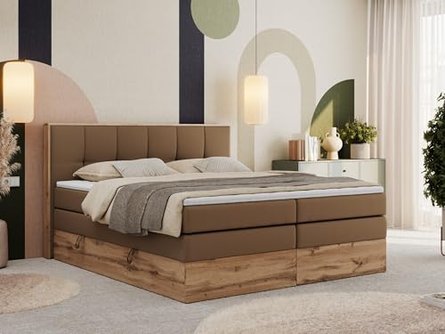 MKS MEBLE Boxspringbett 200x200 mit Bettkasten Holz Holzrahmen, Boxbett 200x200 mit Matratze H3 und Kopfteil - Braun Kunstleder - Albero-1 King von MKS MEBLE