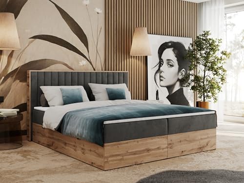 MKS MEBLE Boxspringbett 200x200 mit Bettkasten Holz Holzrahmen, Boxbett 200x200 mit Matratze H3 und Kopfteil - Dunkelgrau Velvet - Albero-4 von MKS MEBLE