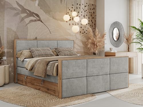 MKS MEBLE Boxspringbett 200x200 mit Bettkasten Holz Holzrahmen, Boxbett 200x200 mit Matratze H3 und Kopfteil - Hellgrau Strukture - Albero-2 King Duo von MKS MEBLE