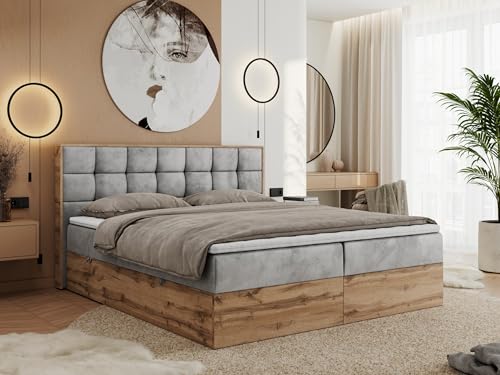 MKS MEBLE Boxspringbett 200x200 mit Bettkasten Holz Holzrahmen, Boxbett 200x200 mit Matratze H3 und Kopfteil - Hellgrau Velvet - Albero-1 von MKS MEBLE