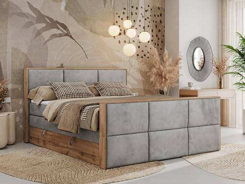 MKS MEBLE Boxspringbett 200x200 mit Bettkasten Holz Holzrahmen, Boxbett 200x200 mit Matratze H3 und Kopfteil - Hellgrau Velvet - Albero-2 King Duo von MKS MEBLE