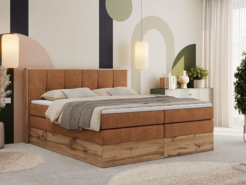MKS MEBLE Boxspringbett 200x200 mit Bettkasten Holz Holzrahmen, Boxbett 200x200 mit Matratze H4 und Kopfteil - Orange Strukture - Albero-1 King von MKS MEBLE