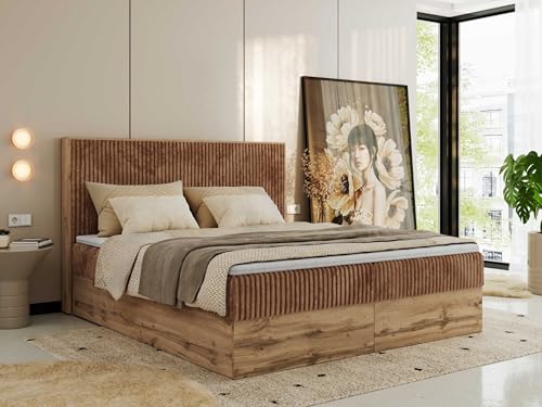 MKS MEBLE Boxspringbett 200x200 mit Bettkasten Holz Holzrahmen, Boxbett mit Matratze H3 und Kopfteil - Orange Cord - Wood Classic MKS MEBLE Boxspringbett 200x200 mit Bettkasten Holz Holzrahmen, Boxbett mit Matratze H3 und Kopfteil - Orange Cord - Wood Classic von MKS MEBLE
