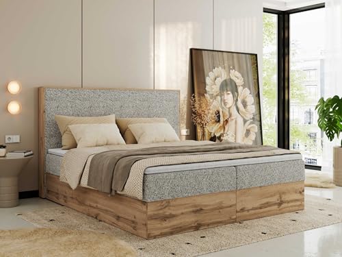MKS MEBLE Boxspringbett 200x200 mit Bettkasten Holz Holzrahmen, Boxbett mit Matratze H4 und Kopfteil - Beige Strukture - Wood Classic MKS MEBLE Boxspringbett 200x200 mit Bettkasten Holz Holzrahmen, Boxbett mit Matratze H4 und Kopfteil - Beige Strukture - Wood Classic von MKS MEBLE