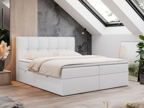MKS MEBLE Boxspringbett 200x200 mit Bettkasten Weiß Kunstleder, Bett mit Matratze H3 Topper, Polsterbett 200x200 mit Bettkasten Kopfteil, Boxspringbett mit Matratze H3, RICO Weiß Kunstleder MKS MEBLE Boxspringbett 200x200 mit Bettkasten Weiß Kunstleder, Bett mit Matratze H3 Topper, Polsterbett 200x200 mit Bettkasten Kopfteil, Boxspringbett mit Matratze H3, RICO Weiß Kunstleder von MKS MEBLE