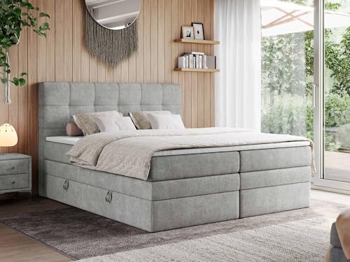 MKS MEBLE Boxspringbett 200x200 mit Bettkasten und Matratze H4 - Boxbett - H4 Hellgrau Struktur - ERNI King von MKS MEBLE