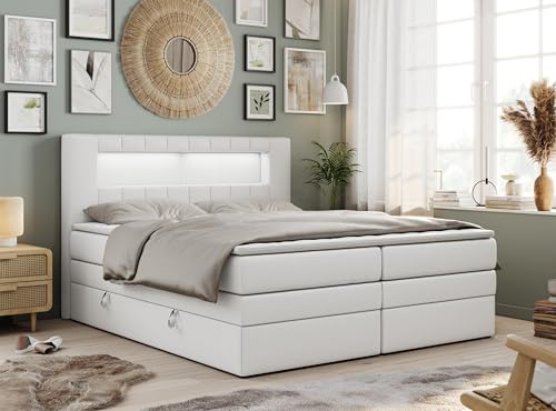 MKS MEBLE Boxspringbett 200x200 mit Led Kunstleder Weiß, Polsterbett mit LED Kopfteil, Multipocket Matratze H3, Doppelbett mit Bettkasten Stauraumbett - GOLD-5-KING - Kunstleder Weiß von MKS MEBLE