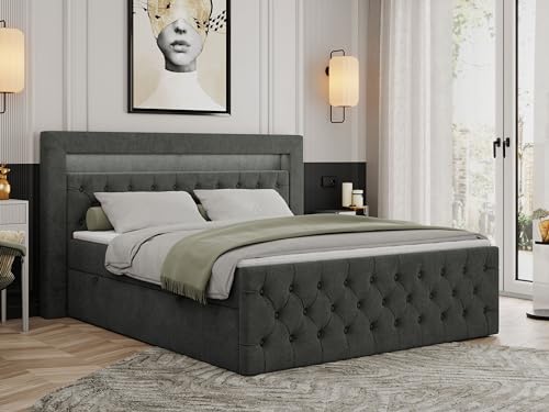 MKS MEBLE Boxspringbett 200x200 mit Led Grau, Bett Polsterbett 200x200 mit LED Kopfteil, Multipocket Matratze H4, Doppelbett mit Bettkasten Stauraumbett - Gold-9 - Dunkelgrau Struktur von MKS MEBLE