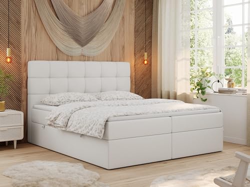 MKS MEBLE Boxspringbett 200x200 mit Matratze, Bett mit Multipocket - Matratze H3 und Topper, Polsterbett 200x200 mit Bettkasten und Kopfteil, TOP-1 - Weiß Kunstleder von MKS MEBLE