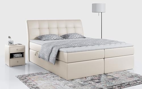 MKS MEBLE Boxspringbett 200x200 mit Matratze, Bett mit Multipocket - Matratze H4 und Topper, Polsterbett 200x200 mit Bettkasten und Kopfteil, DIEGOS - Creme Kunstleder von MKS MEBLE