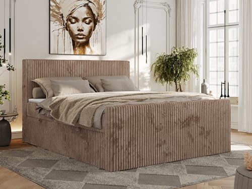 MKS MEBLE Boxspringbett Cord 200x200, Polsterbett Bett Cord, Boxspringbett mit Matratze H3,Bett mit Bettkasten and Kopfteil, Doppelbett mit Stauraum - Tiliano Duo - Braun Cord - H3 von MKS MEBLE