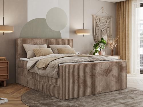 MKS MEBLE Boxspringbett Cord 200x200, Polsterbett Bett Cord, Boxspringbett mit Matratze H3,Bett mit Bettkasten and Kopfteil, Doppelbett mit Stauraum - Tiliano King Duo - Braun Cord - H3 von MKS MEBLE