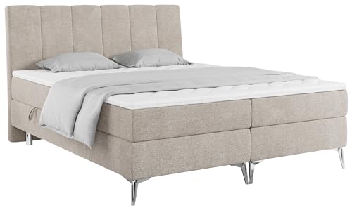 MKS MEBLE Boxspringbett 160x200 mit Bettkasten, Polsterbett 160x200 mit Matratze H3 und Topper, Bett 160x200 mit Kopfteil - ADELANO - Beige Struktur - H3 von MKS MEBLE