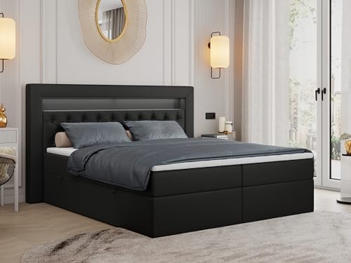 MKS MEBLE Boxspringbett 180x200 mit Led, Polsterbett 180x200 mit LED Kopfteil - Multipocket-Matratze H4 - Doppelbett mit Bettkasten Stauraumbett - Gold-6 - Schwarz Kunstleder von MKS MEBLE