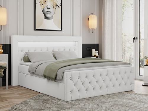 MKS MEBLE Boxspringbett 180x200 mit Led Weiß Kunstleder, Bett Polsterbett 180x200 mit LED Kopfteil, Multipocket Matratze H3, Doppelbett mit Bettkasten Stauraumbett - Gold-9 - Weiß Kunstleder MKS MEBLE Boxspringbett 180x200 mit Led Weiß Kunstleder, Bett Polsterbett 180x200 mit LED Kopfteil, Multipocket Matratze H3, Doppelbett mit Bettkasten Stauraumbett - Gold-9 - Weiß Kunstleder von MKS MEBLE