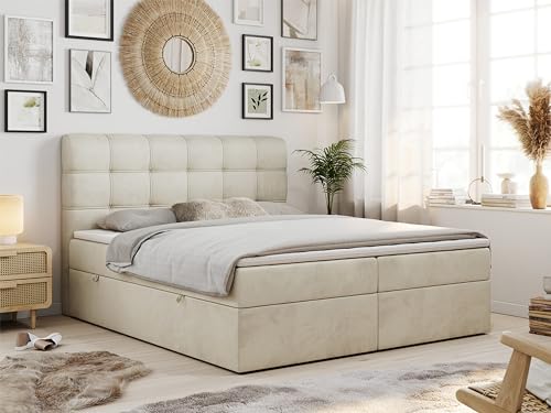 MKS MEBLE Boxspringbett 180x200 mit Matratze, Bett 180x200 mit Multipocket - Matratze H3 und Topper, Polsterbett 180x200 mit Bettkasten und Kopfteil, Fast - Beige Monolith von MKS MEBLE