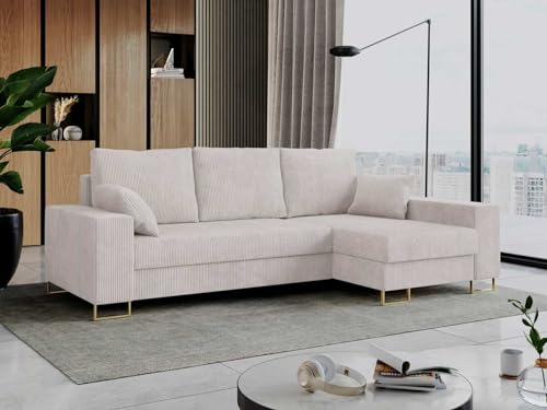 MKS MEBLE Cord Ecksofa - L-Form Cord Sofa mit Schlaffunktion - Wohnlandschaft L Form, Ecksofa mit Schlaffunktion und Bettkasten, Schlafsofa mit Bettkasten, Couch mit Schlaffunktion - Weiß Dorian von MKS MEBLE