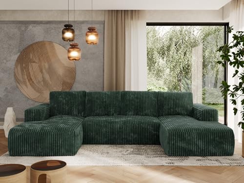 MKS MEBLE Sofa Grün mit Schlaffunktion - Ecksofa mit Schlaffunktion und Bettkasten - Couch - Schlafsofa mit Bettkasten - Trentino U - Grün Cord von MKS MEBLE