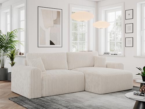 MKS MEBLE Cord Sofa L-Form, Ecksofa mit Schlaffunktion, Wohnlandschaft L-Form mit Kissen, Couch L-Form - Nelson - Beige Cord von MKS MEBLE